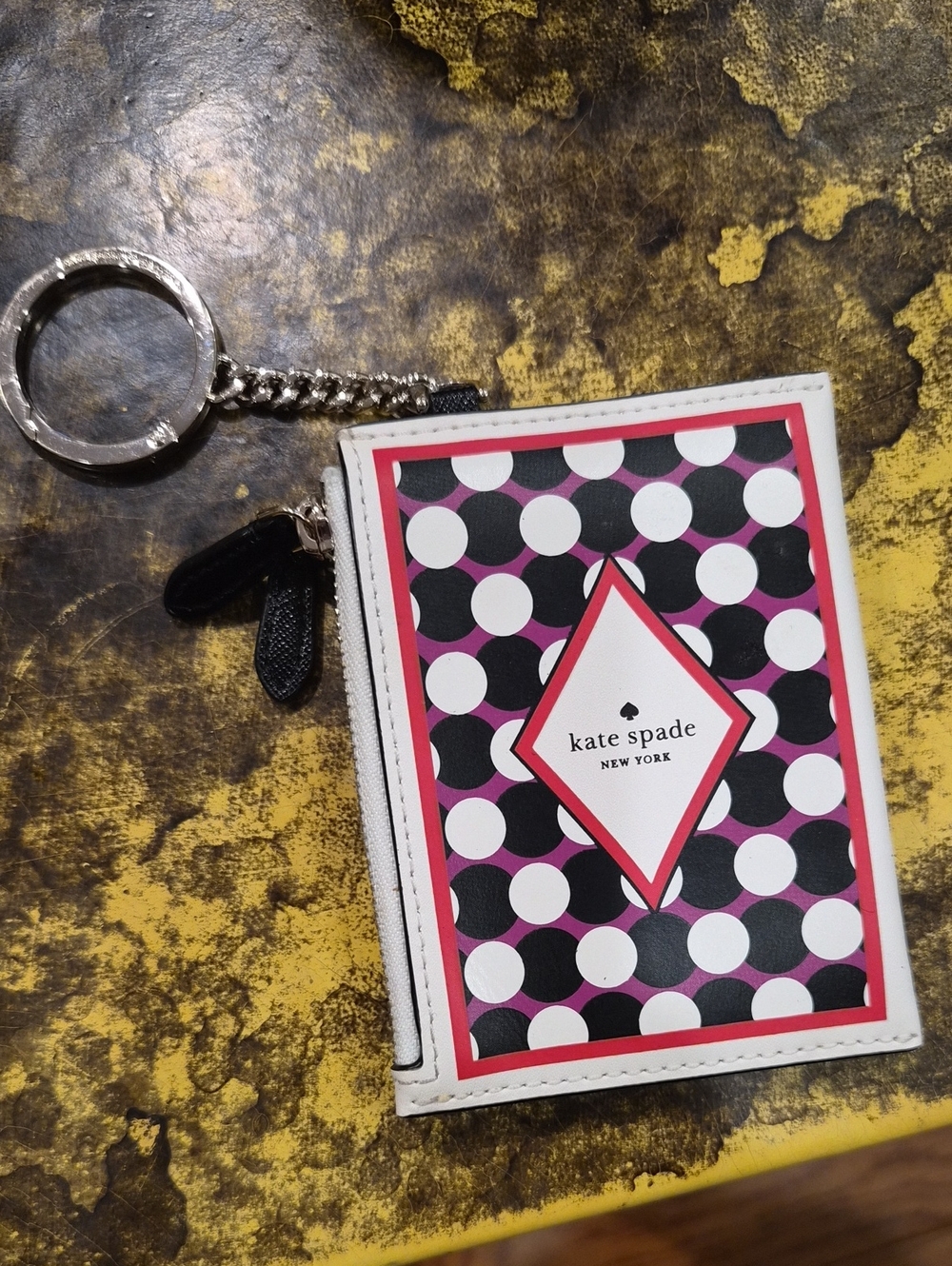 kate spade Pink, Black & White Polka Dot Card Holder Key Ring